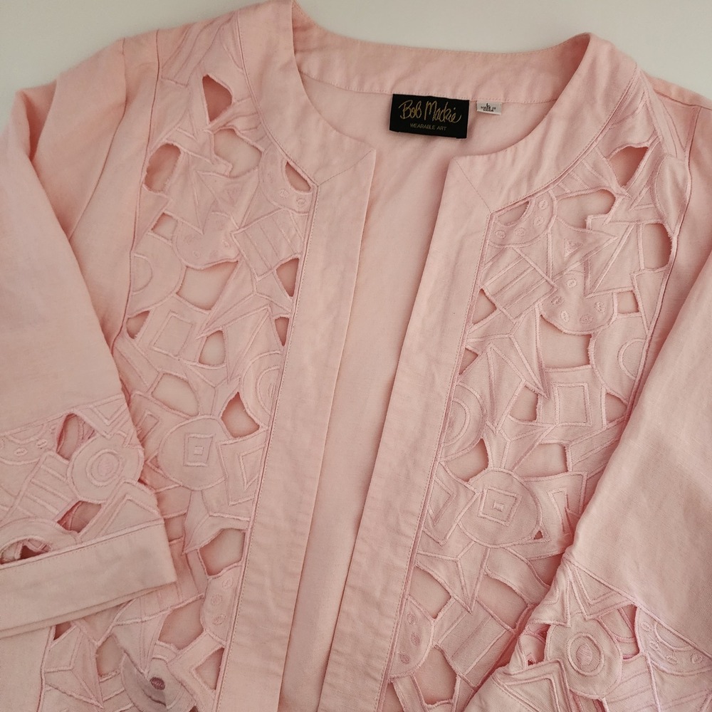 Bob Mackie Wearable Art Pink Linen Blend Embroidered Cutout Jacket Women's L
